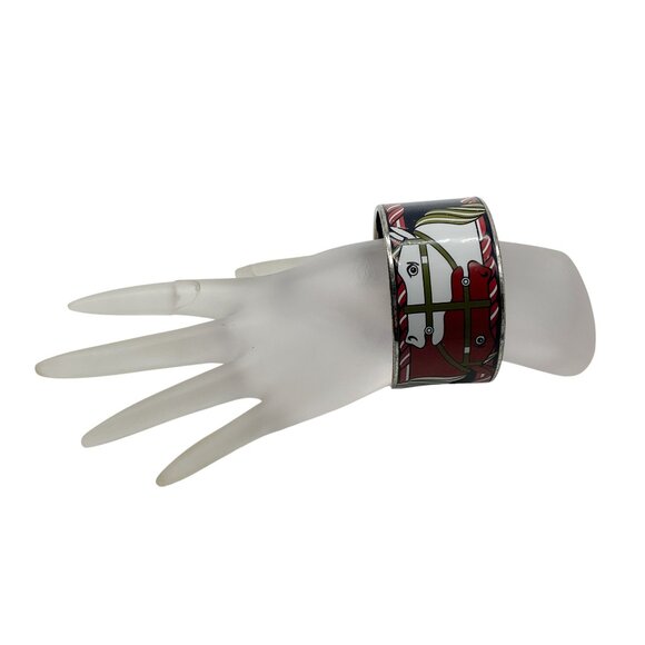 Hermes White / Brown Equestrian Horse Print Enamel Extra Wide Bangle Bracelet - Picture 5 of 8